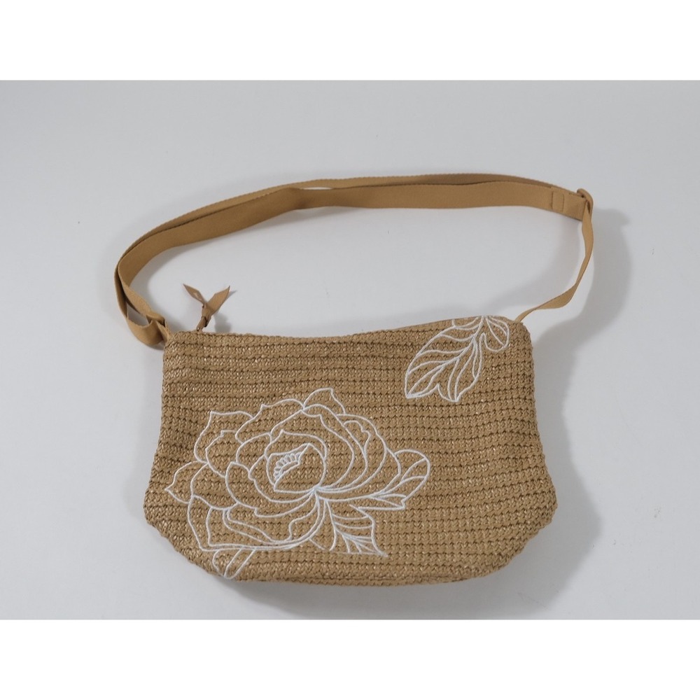 Vera Bradley Crossbody Bag Womens Tan Straw Floral Embroidered Woven Purse